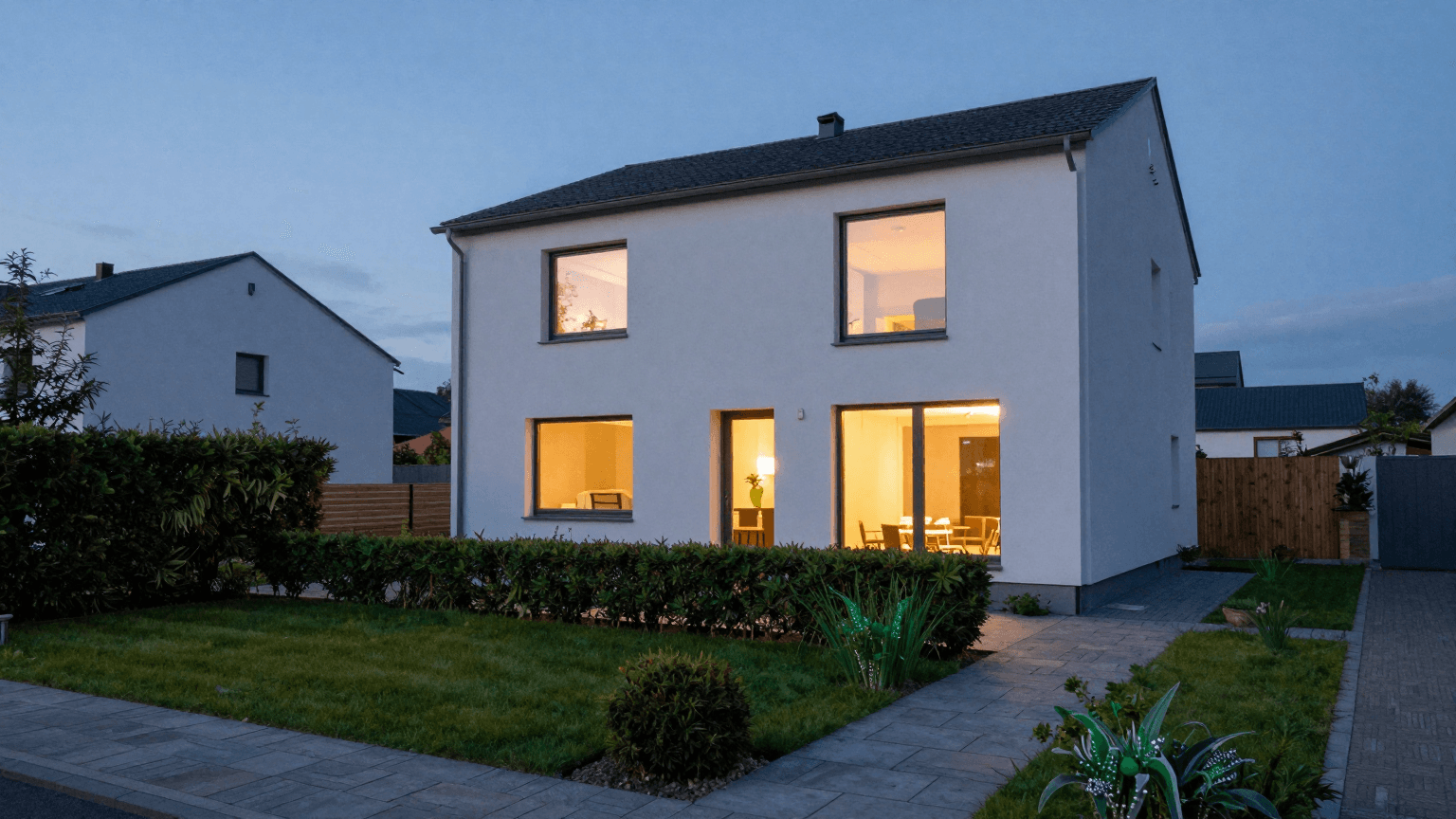 Modernes Einfamilienhaus mit gepflegtem Garten in der Abenddämmerung